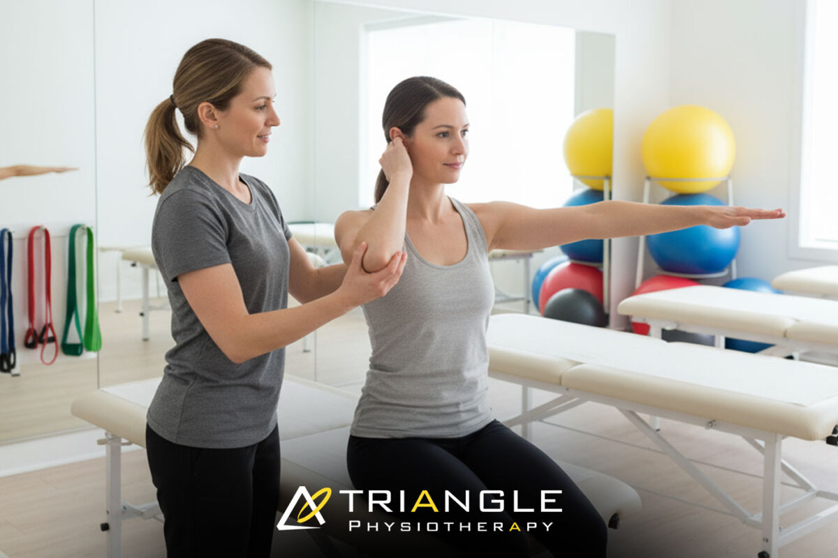 Physiotherapist teaching ulnar nerve glide technique