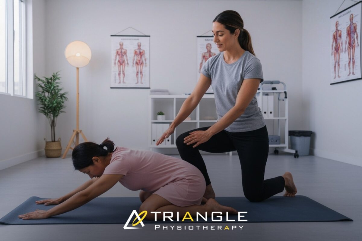 Refugee woman receiving trauma-informed pelvic floor therapy with supportive female physiotherapist.
