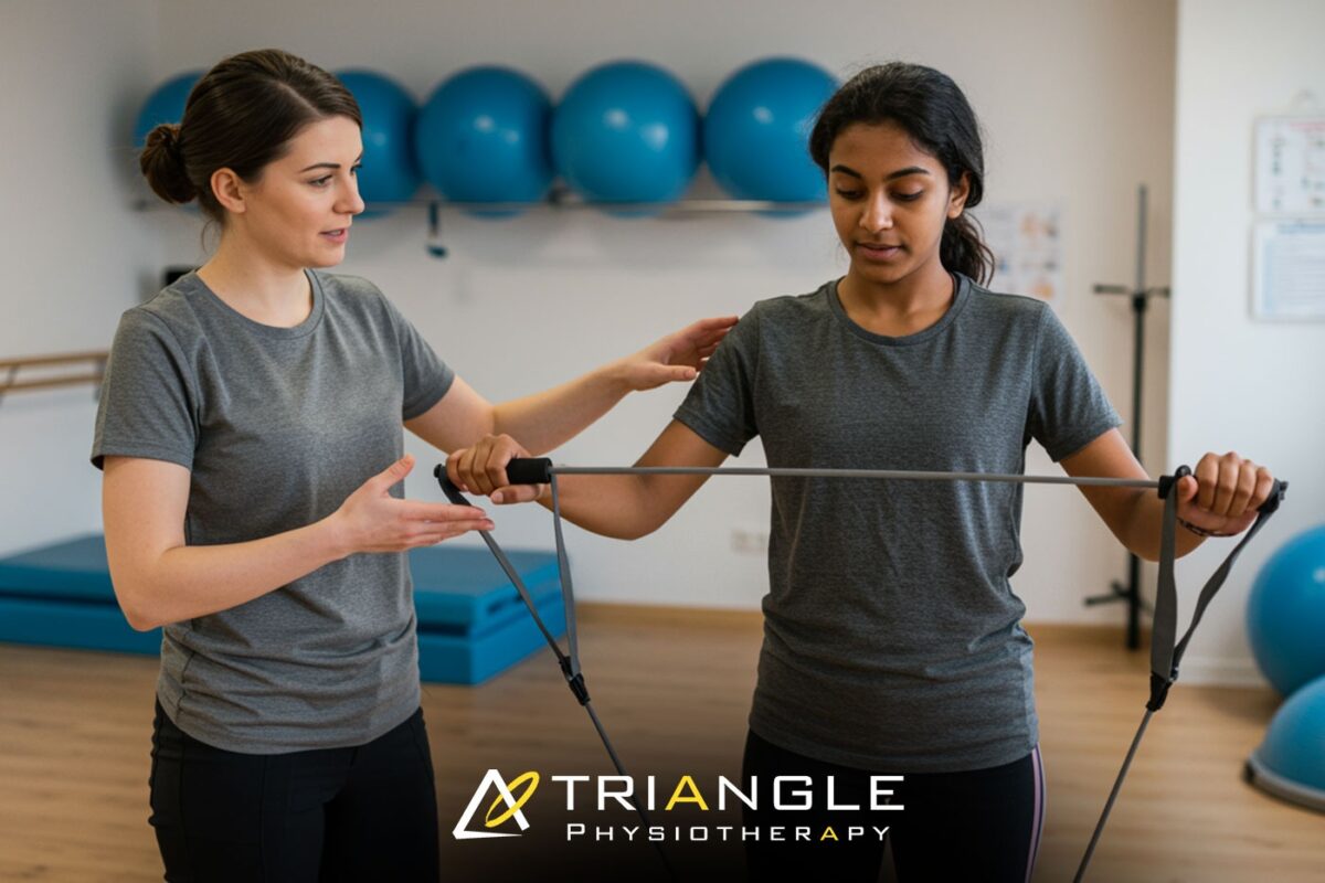 Physiotherapist assisting a refugee patient with mobility exercises at Triangle Physiotherapy clinic