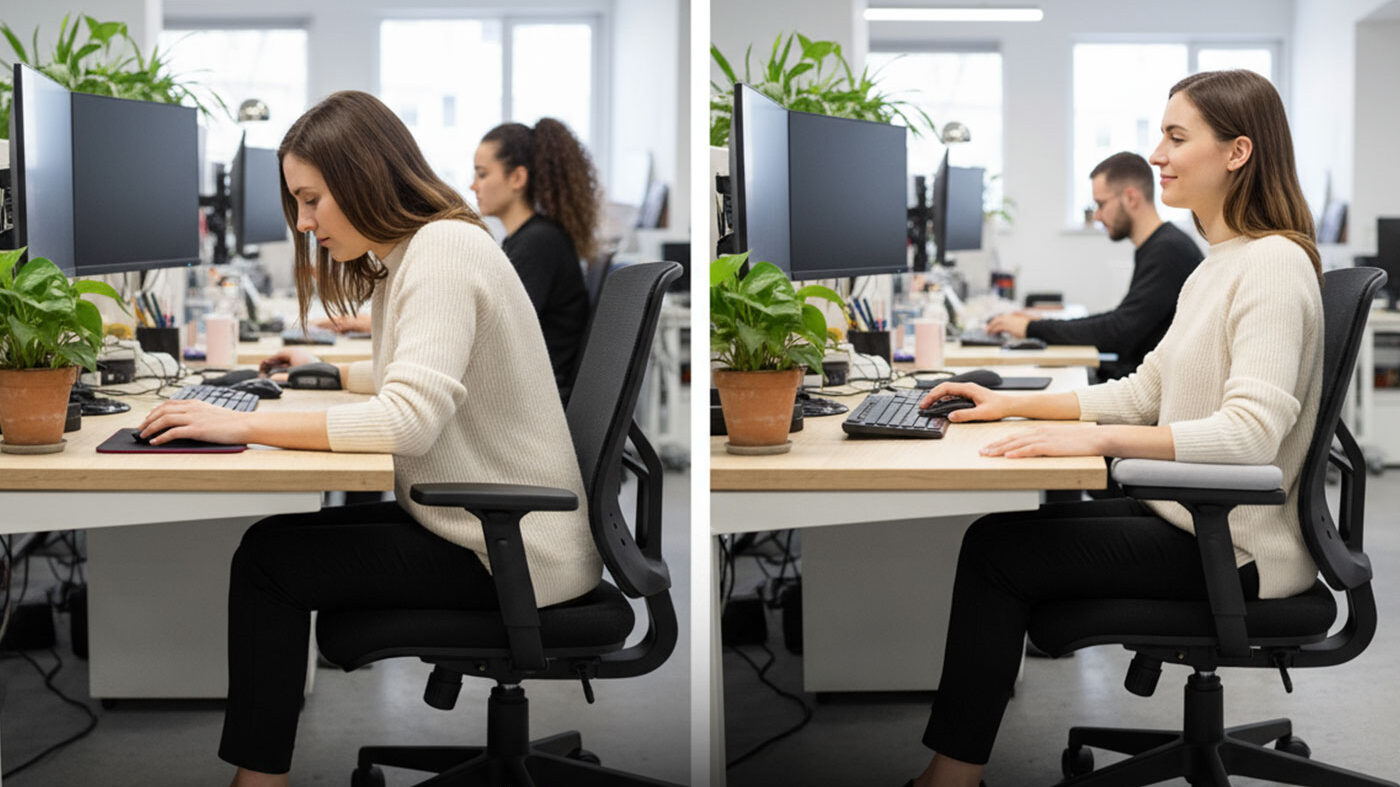 Ergonomic desk setup with correct chair and keyboard positioning to prevent ulnar nerve compression