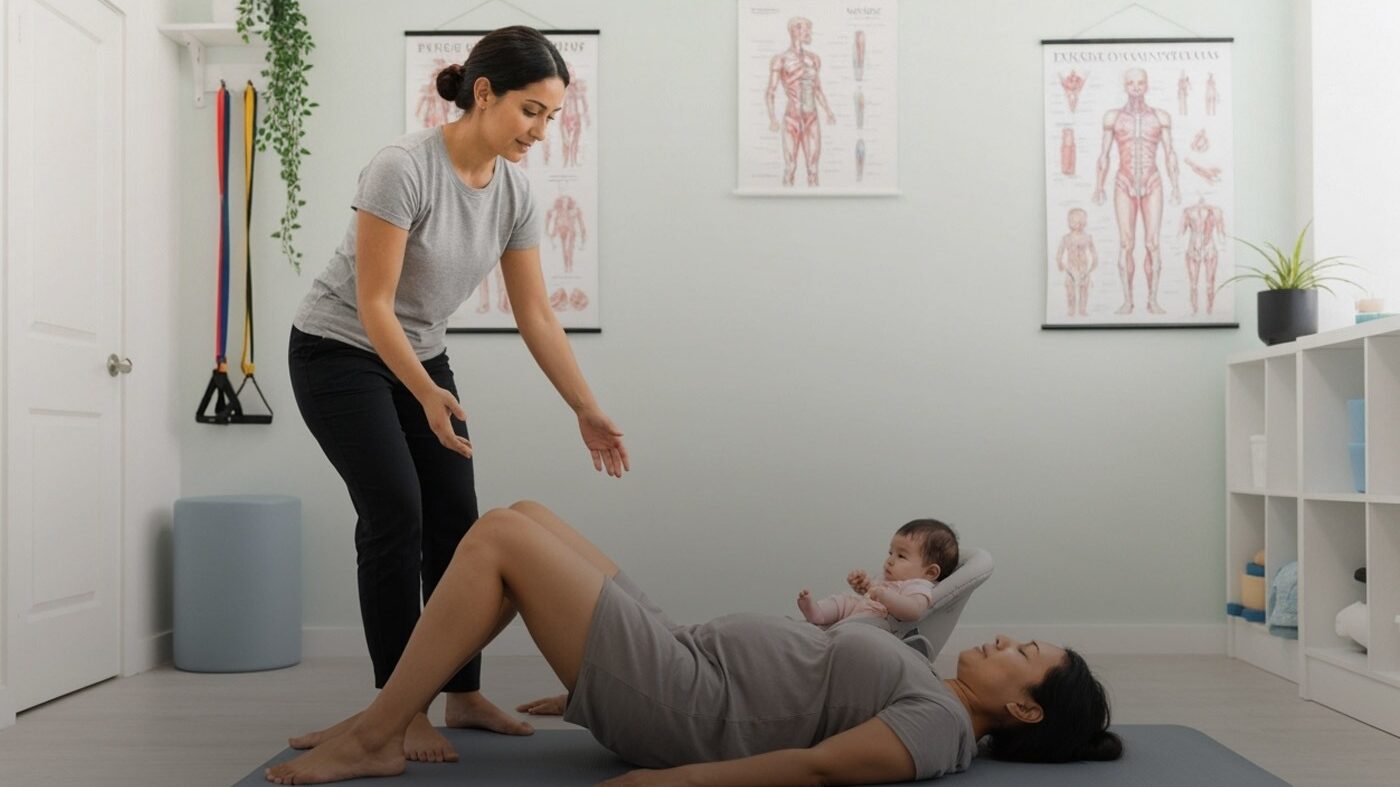 Refugee mother consulting with female physiotherapist for postpartum pelvic health recovery